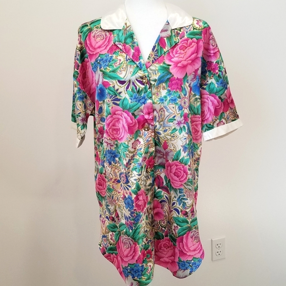 Victoria's Secret Vintage Floral Gold Label Silky Satin Button down sleep shirt